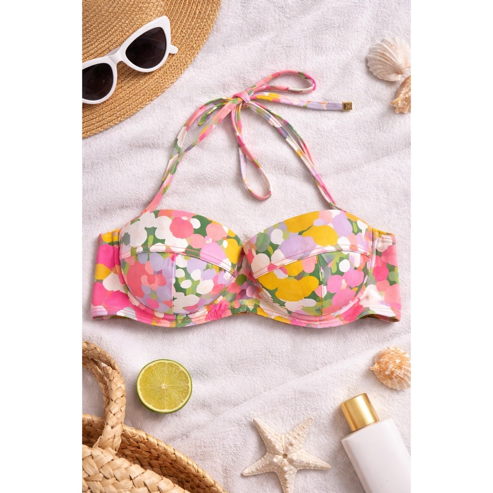 Kate Spade Vibrant Floral Pink Halter Bikini Top Multi Color Underwire S15173 XS